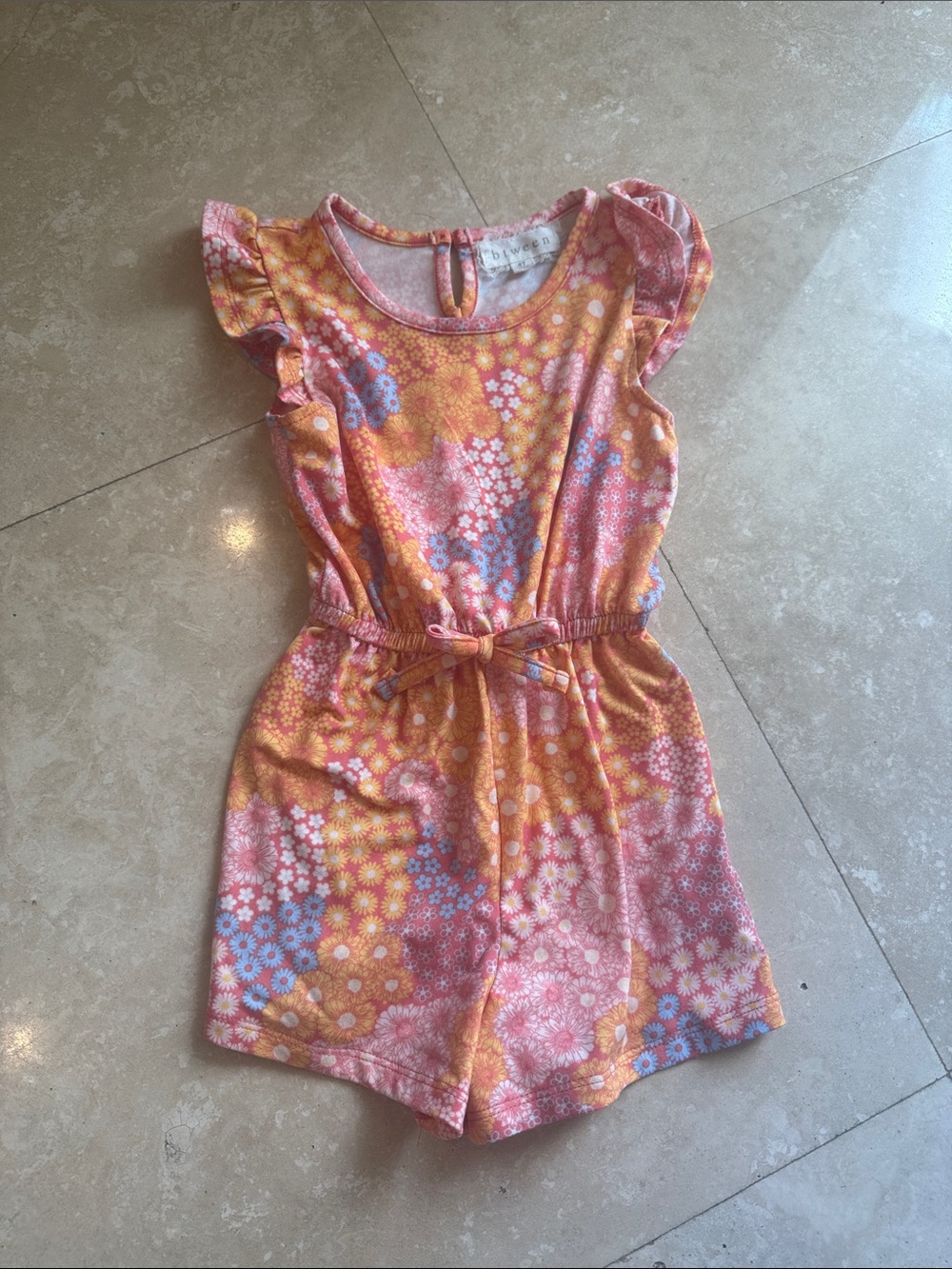 btween Pink & Orange Floral Girls Romper with Tie Waist